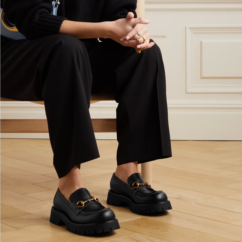NEW IN BOX GUCCI Horsebit-detailed metallic embroidered leather platform loafers